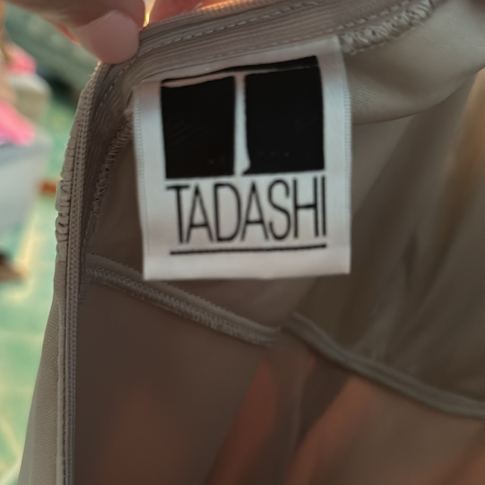 Tadasha brand full length split in front Taupe color formal gown. Size 14 - Picture 9 of 10